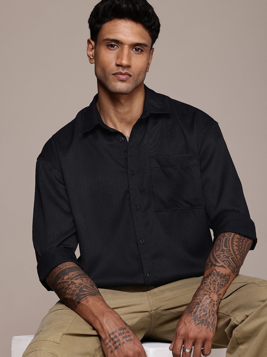 

The Roadster Life Co. Drop-Shoulder Relaxed Fit Pure Cotton Casual Shirt, Black