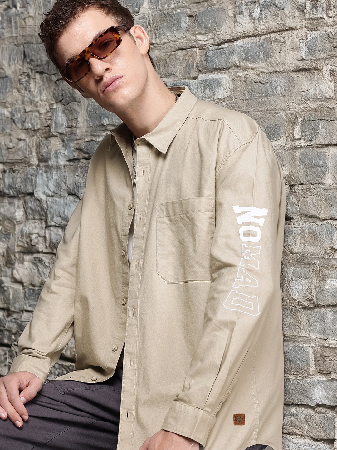 

The Roadster Life Co. Relaxed Fit Drop-Shoulder Sleeves Pure Cotton Shirt, Beige