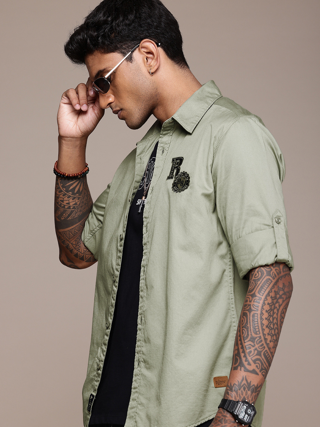 

The Roadster Life Co. Roll-Up Sleeves Embroidered Detail Pure Cotton Casual Shirt, Olive
