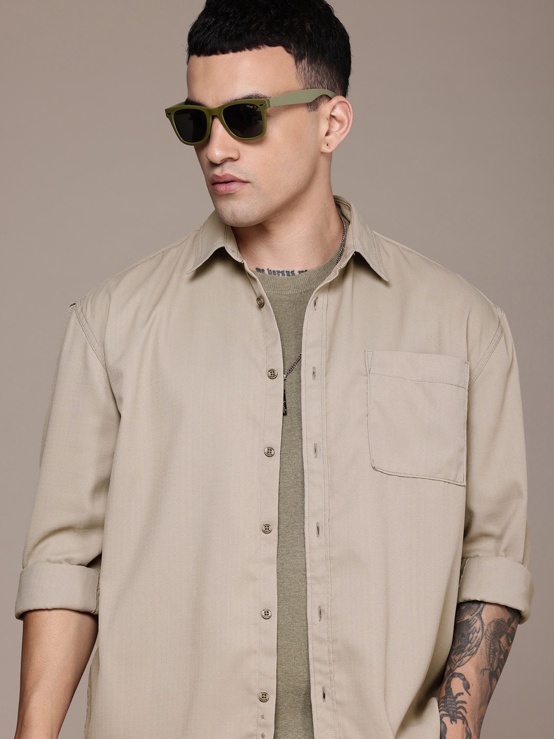 

The Roadster Life Co. Pure Cotton Self Design Checked Relaxed Fit Casual Shirt, Taupe