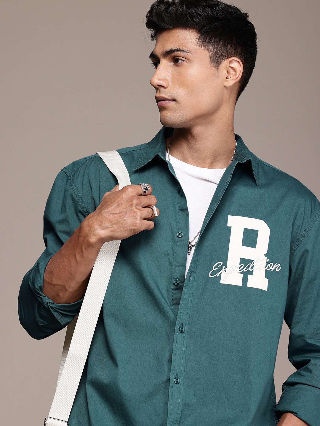 

The Roadster Life Co. Typography Detailed Pure Cotton Relaxed Fit Casual Shirt, Teal