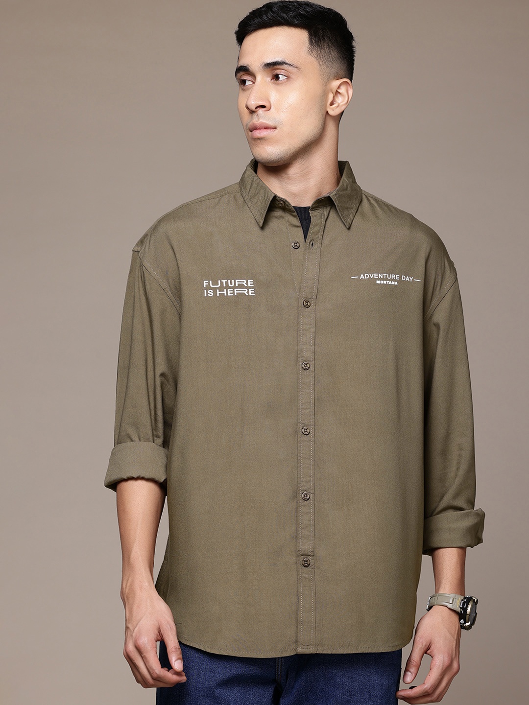 

The Roadster Life Co. Typography Printed Drop-Shoulder Sleeves Relaxed Fit Cotton Shirt, Olive