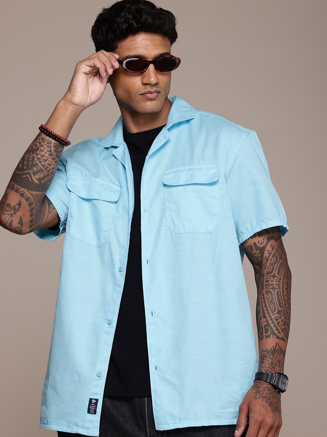 

The Roadster Life Co. Relaxed Fit Cuban Collar Pure Cotton Casual Shirt, Blue