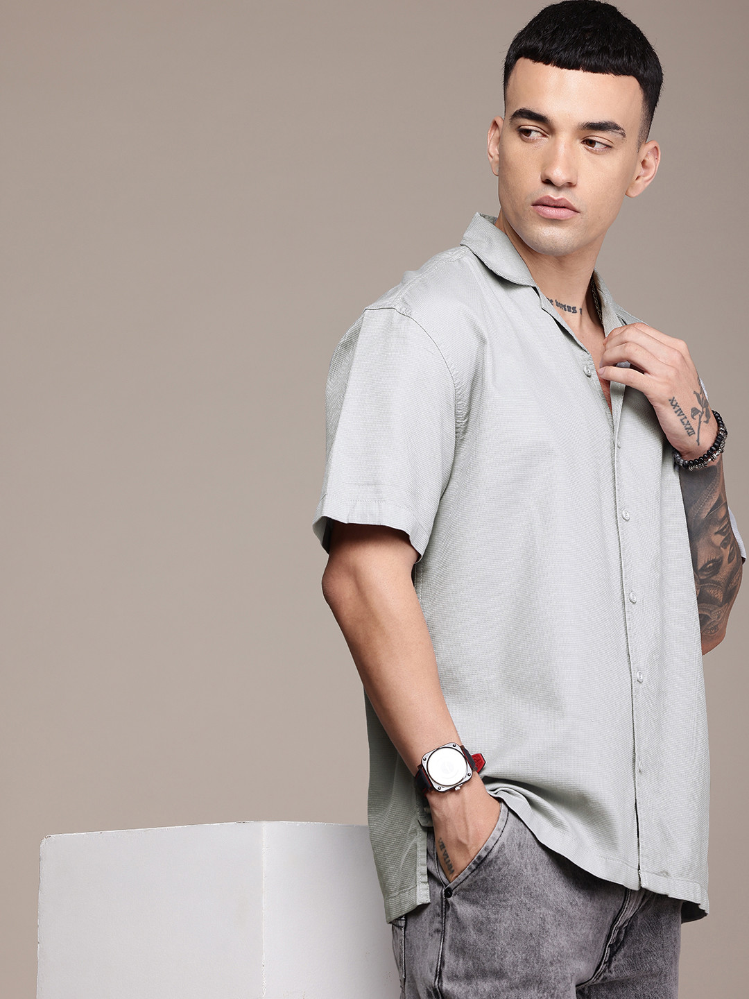 

The Roadster Life Co. Pure Cotton Textured Relaxed Fit Opaque Casual Shirt, Grey