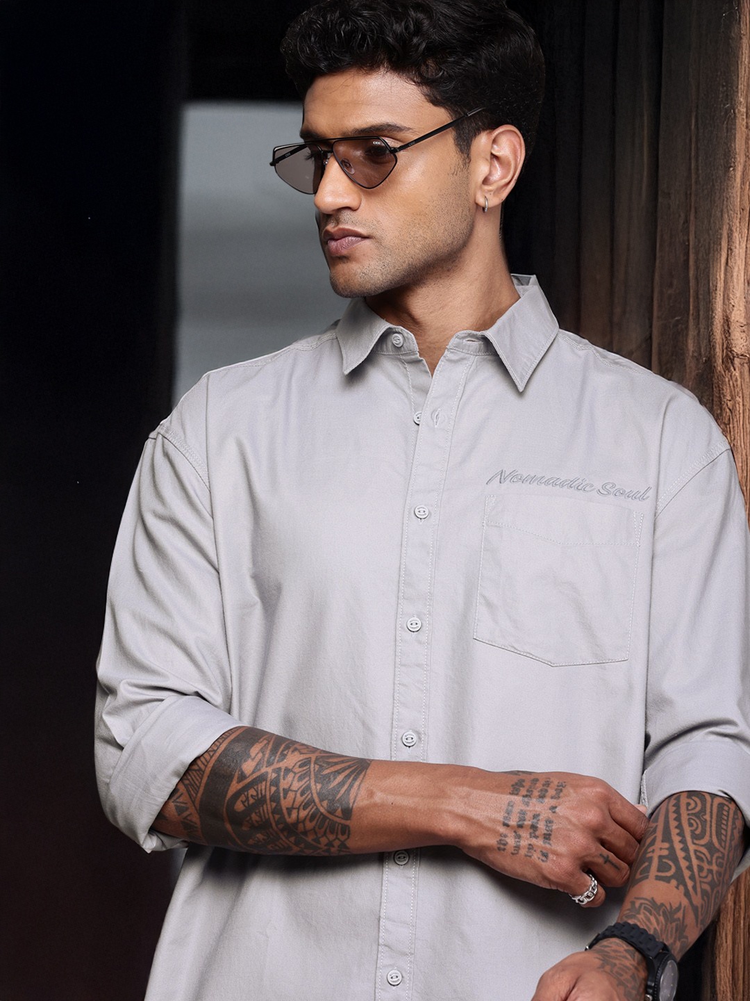 

The Roadster Life Co. Pure Cotton Relaxed Fit Embroidered Shirt, Grey