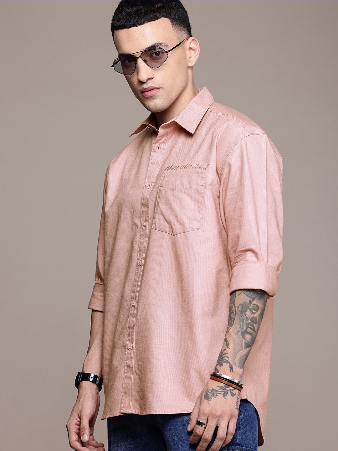 

The Roadster Life Co. Pure Cotton Relaxed Fit Embroidered Shirt, Mauve