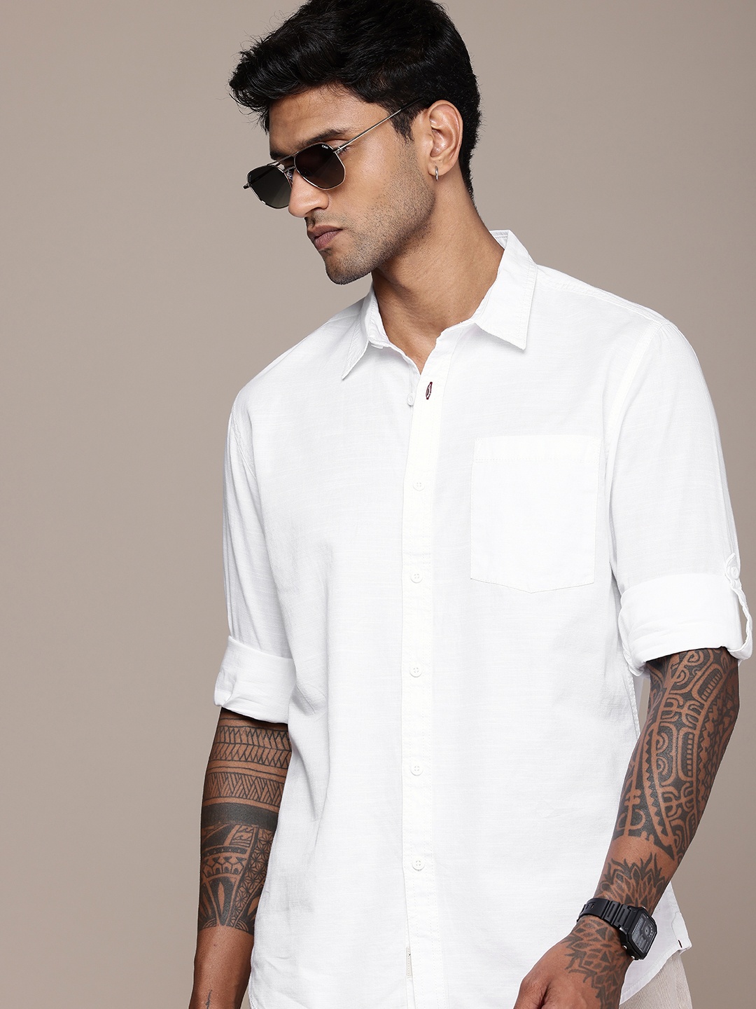 

The Roadster Life Co. Pure Cotton Roll-Up Sleeve Casual Shirt, White