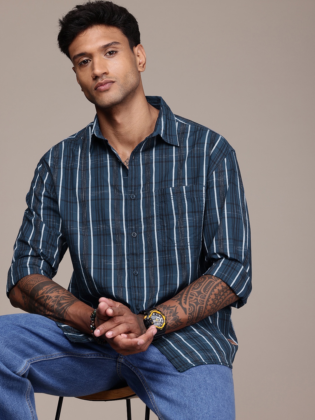 

The Roadster Life Co. Opaque Striped Relaxed Fit Pure Cotton Casual Shirt, Navy blue