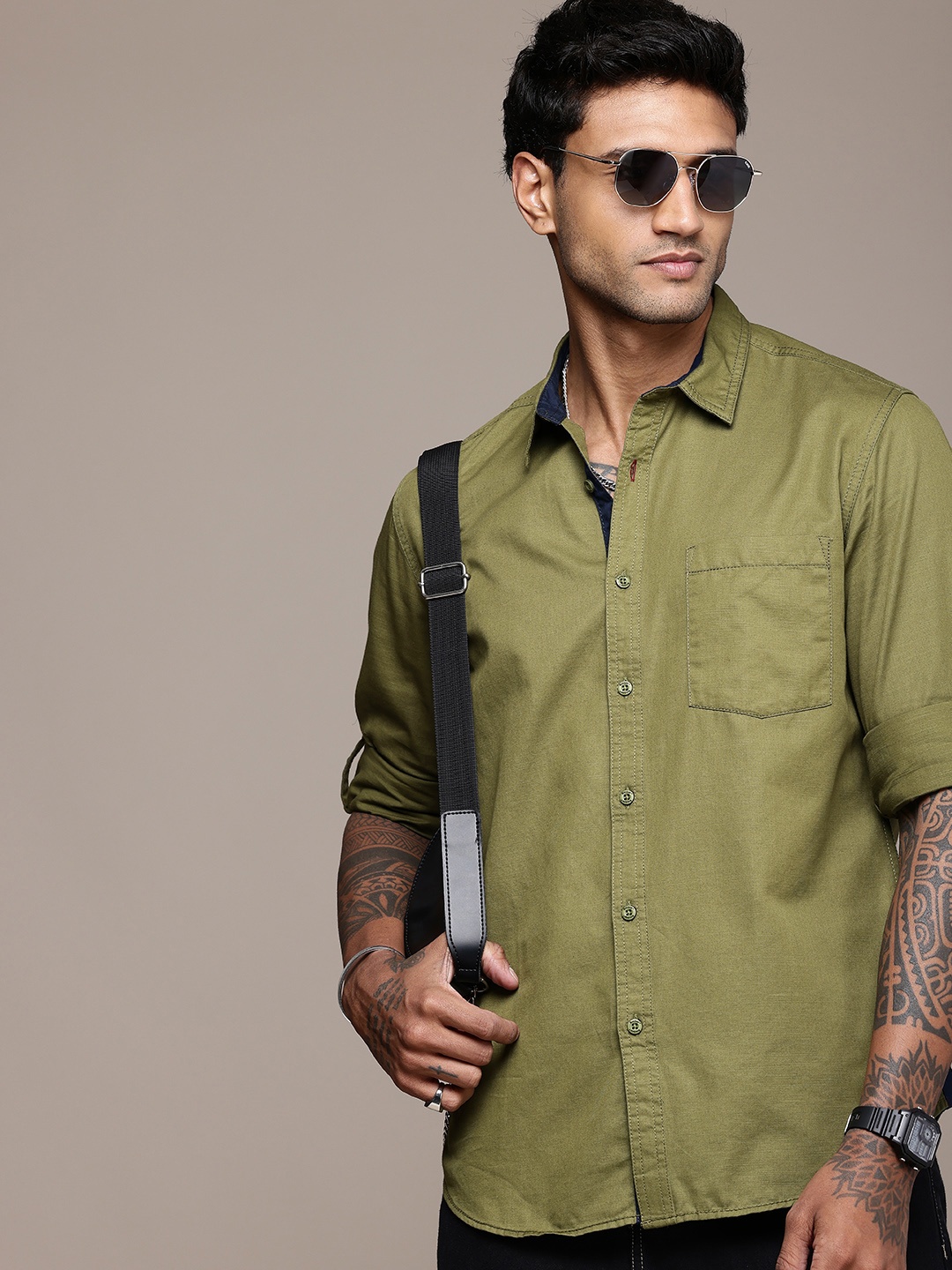 

The Roadster Life Co. Pure Cotton Roll-Up Sleeve Casual Shirt, Olive