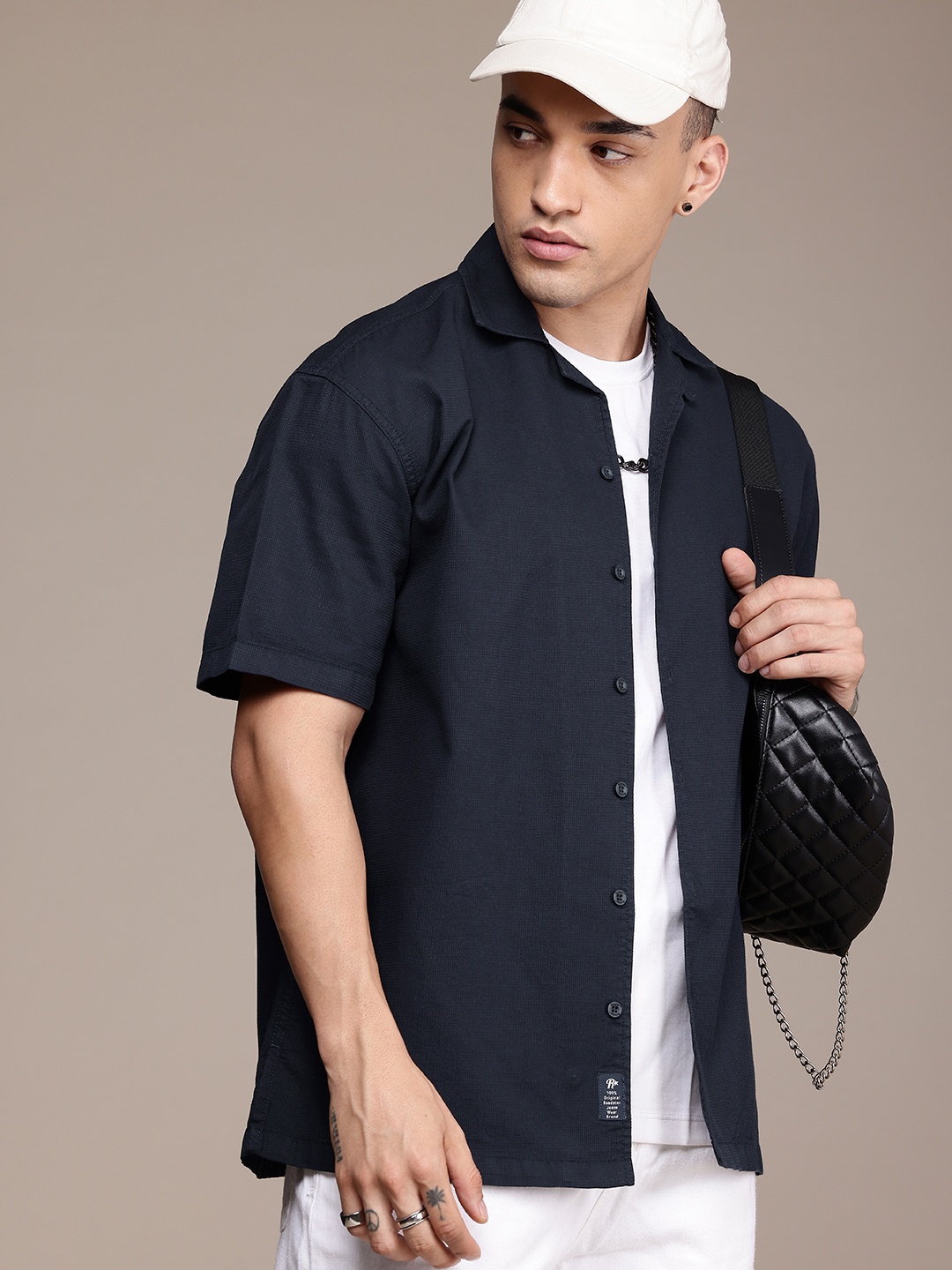 

The Roadster Life Co. Textured Drop-Shoulder Relaxed Fit Pure Cotton Casual Shirt, Navy blue