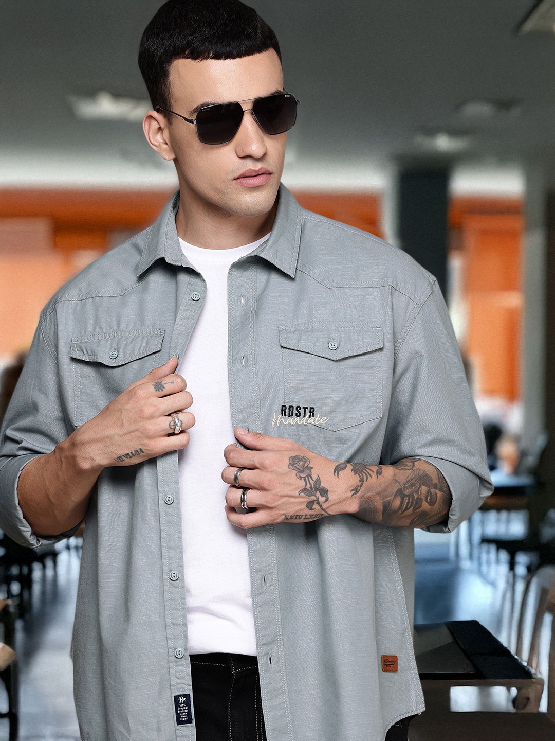 

The Roadster Life Co. Drop-Shoulder Relaxed Fit Pure Cotton Casual Shirt, Grey