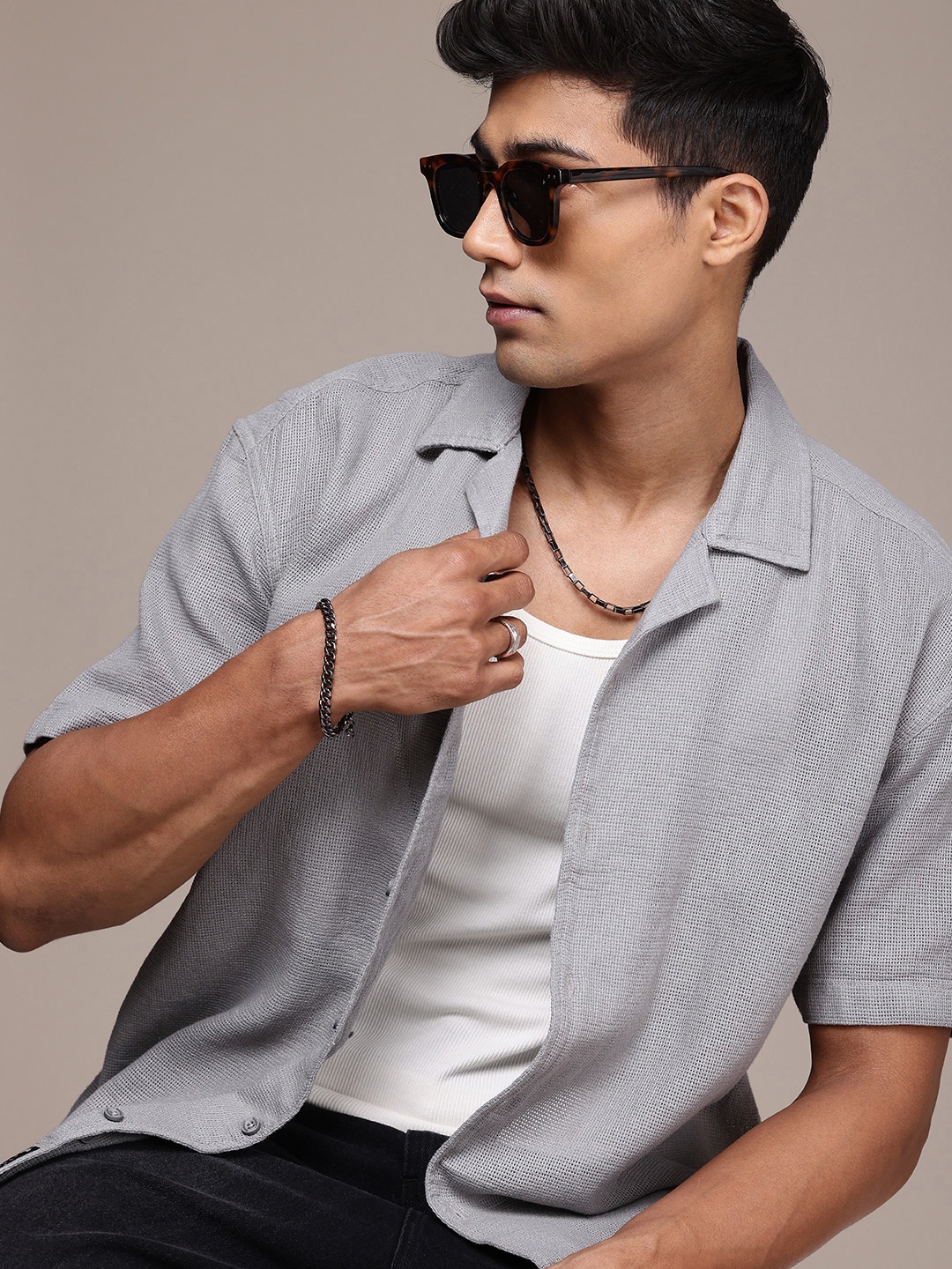 

The Roadster Life Co. Pure Cotton Relaxed Fit Knitted Casual Shirt, Grey