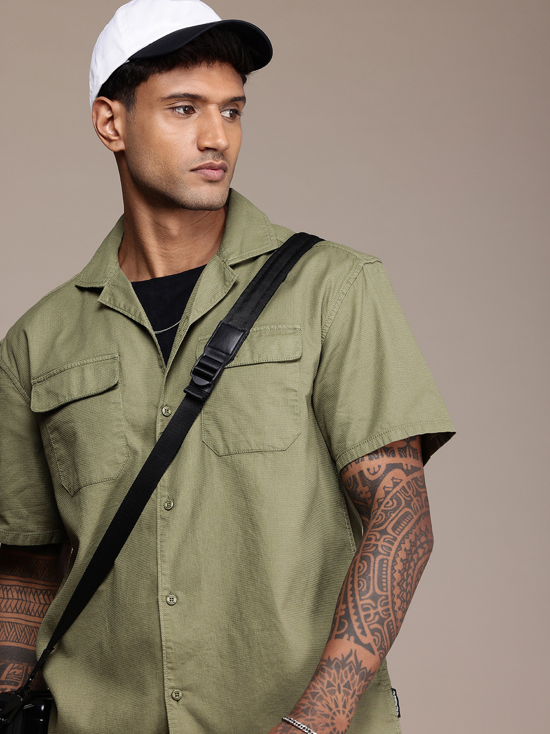 

The Roadster Life Co. Relaxed Fit Textured Cuban Collar Pure Cotton Casual Shirt, Olive