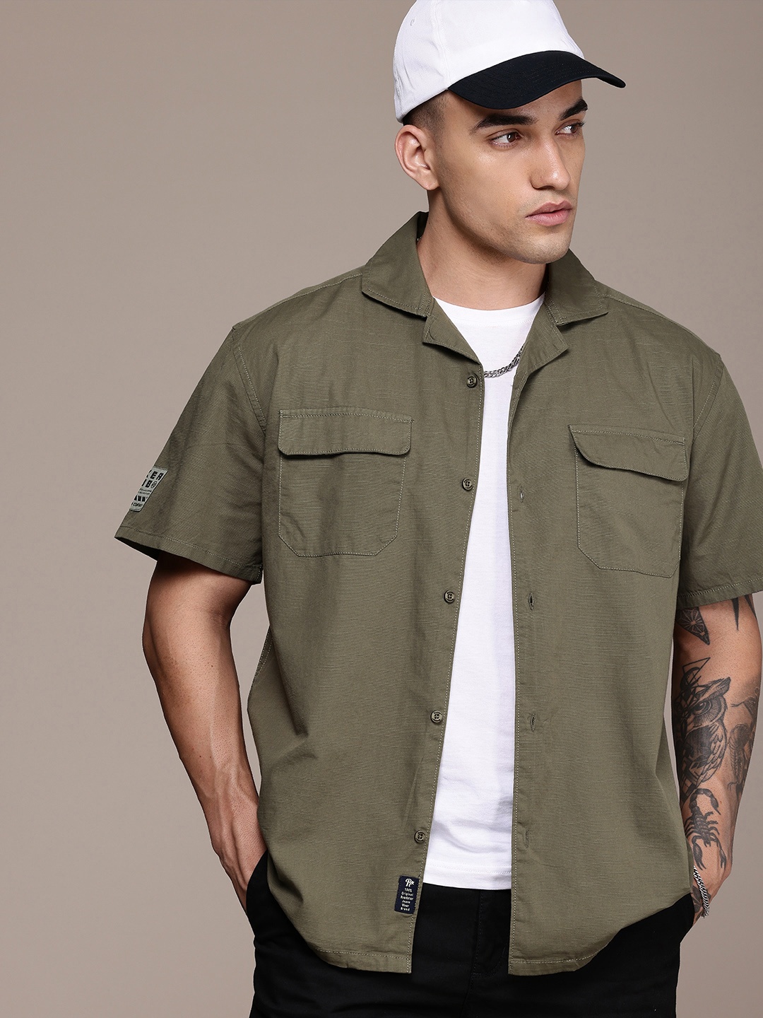 

The Roadster Life Co. Pure Cotton Cuban Collar Casual Shirt, Olive