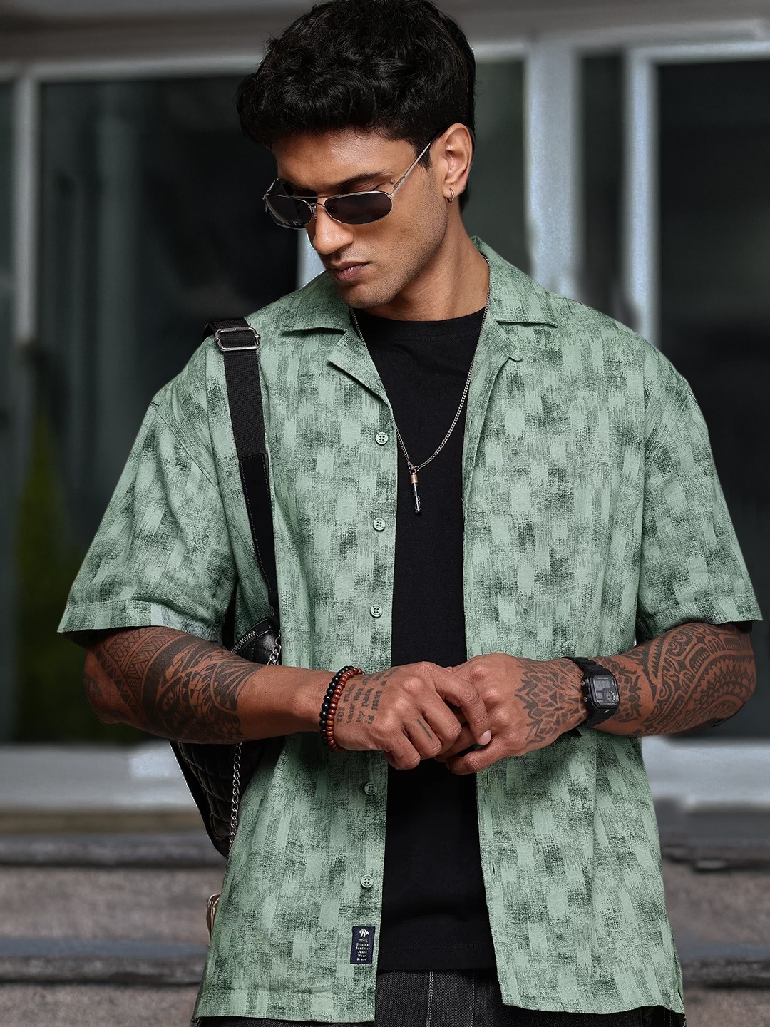 

The Roadster Life Co. Relaxed Fit Printed Cuban Collar Pure Cotton Casual Shirt, Green