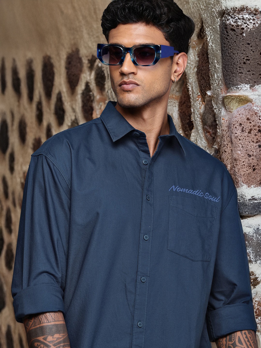 

The Roadster Life Co. Pure Cotton Relaxed Fit Embroidered Shirt, Blue