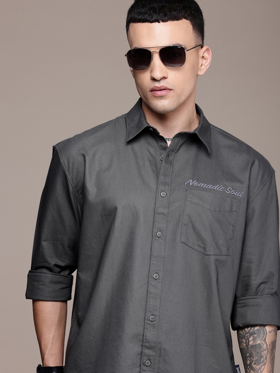 

The Roadster Life Co. Pure Cotton Relaxed Fit Embroidered Shirt, Grey