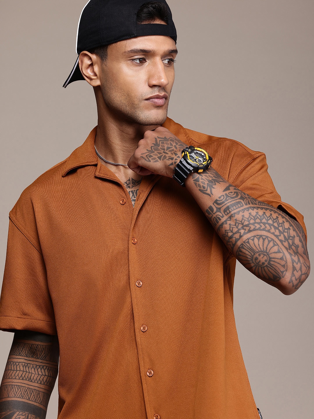 

The Roadster Life Co. Self Design Relaxed Fit Opaque Casual Shirt, Rust