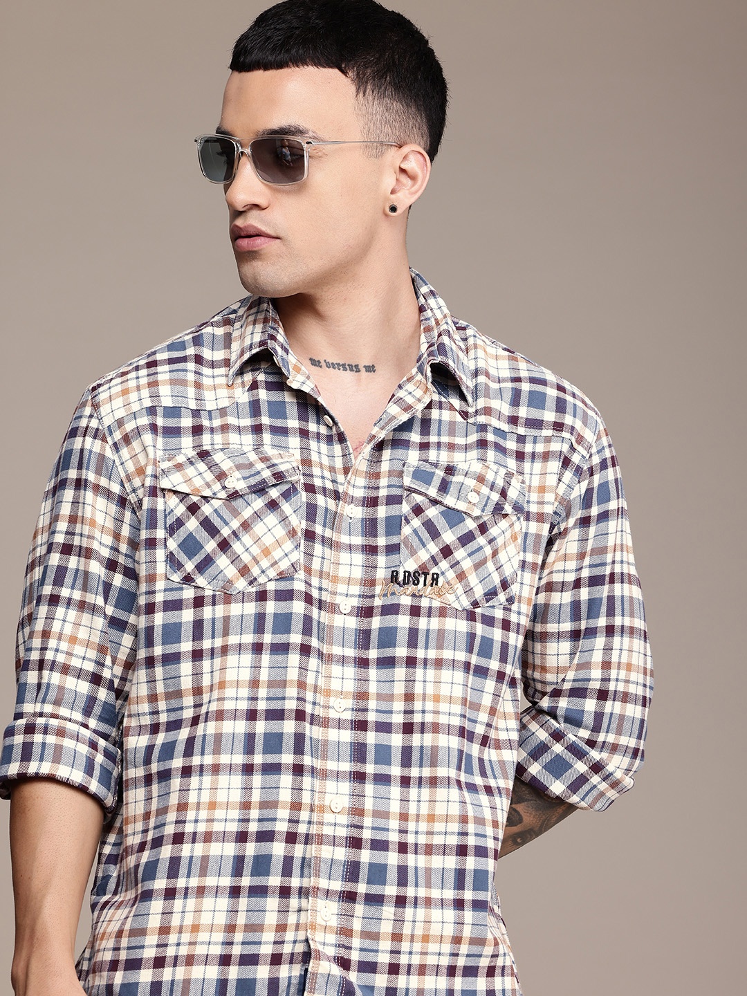 

The Roadster Life Co. Relaxed Fit Checked Pure Cotton Casual Shirt, Cream