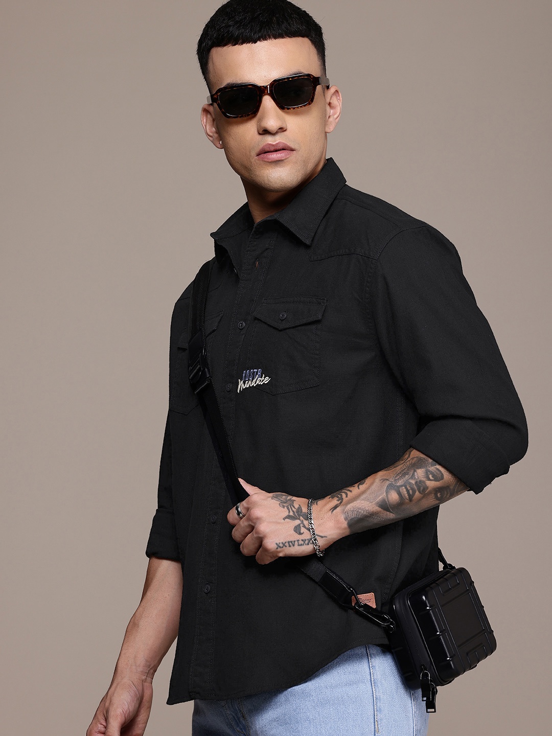 

The Roadster Life Co. Drop Shoulder Sleeves Relaxed Fit Pure Cotton Casual Shirt, Black