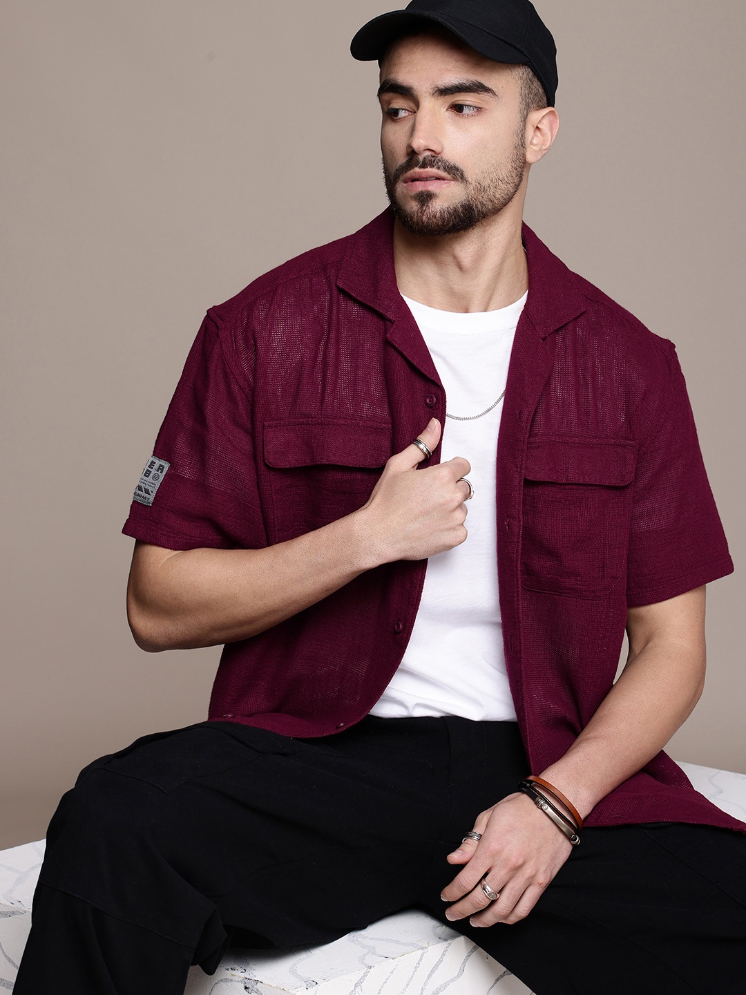 

The Roadster Life Co. Pure Cotton Relaxed Fit Semi Sheer Knitted Shirt, Maroon