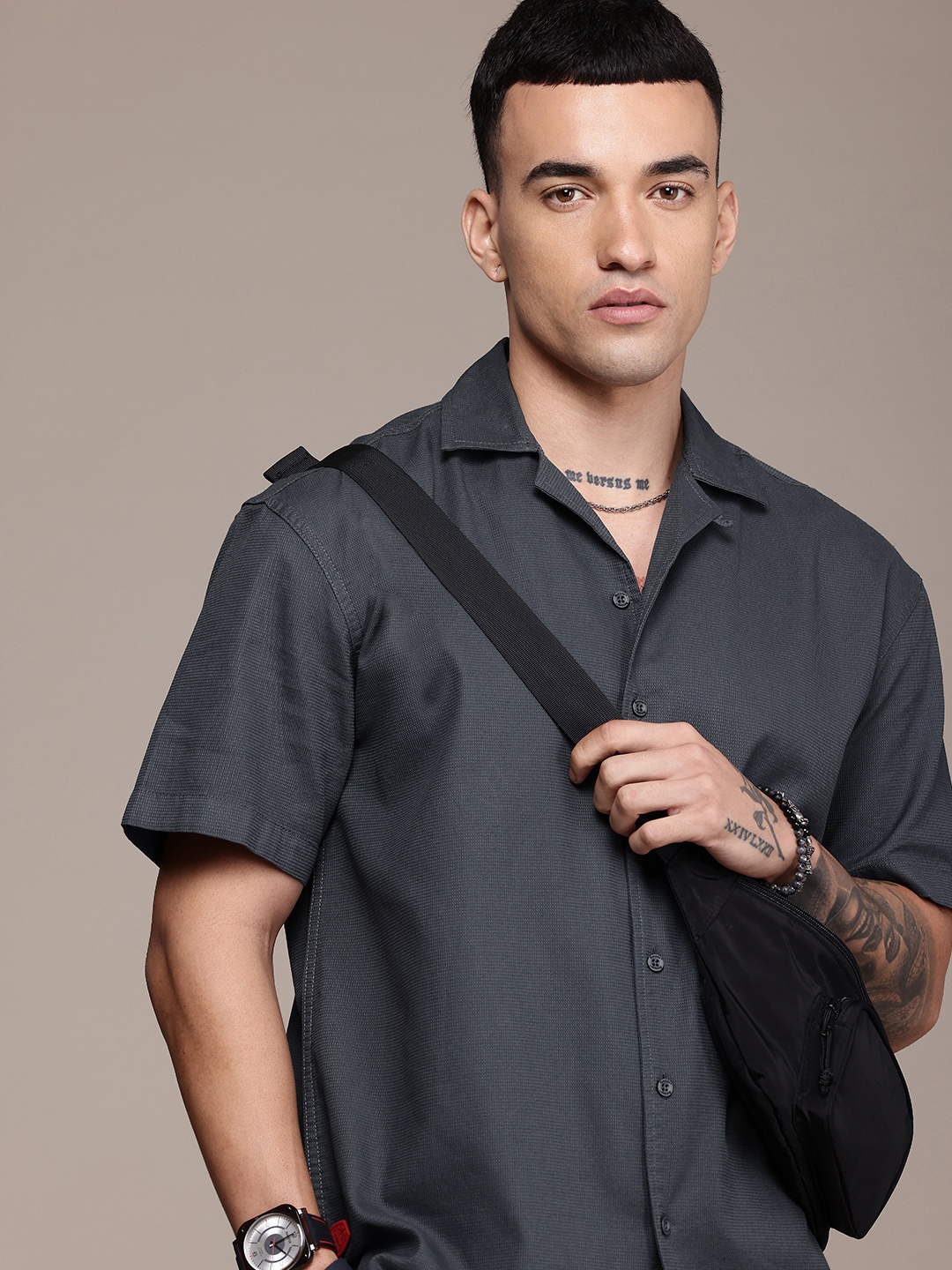 

The Roadster Life Co. Pure Cotton Textured Relaxed Fit Opaque Casual Shirt, Charcoal