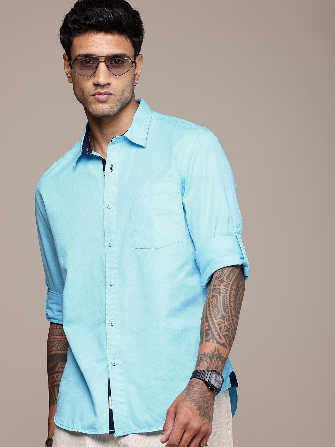 

The Roadster Life Co. Pure Cotton Roll-Up Sleeve Casual Shirt, Blue