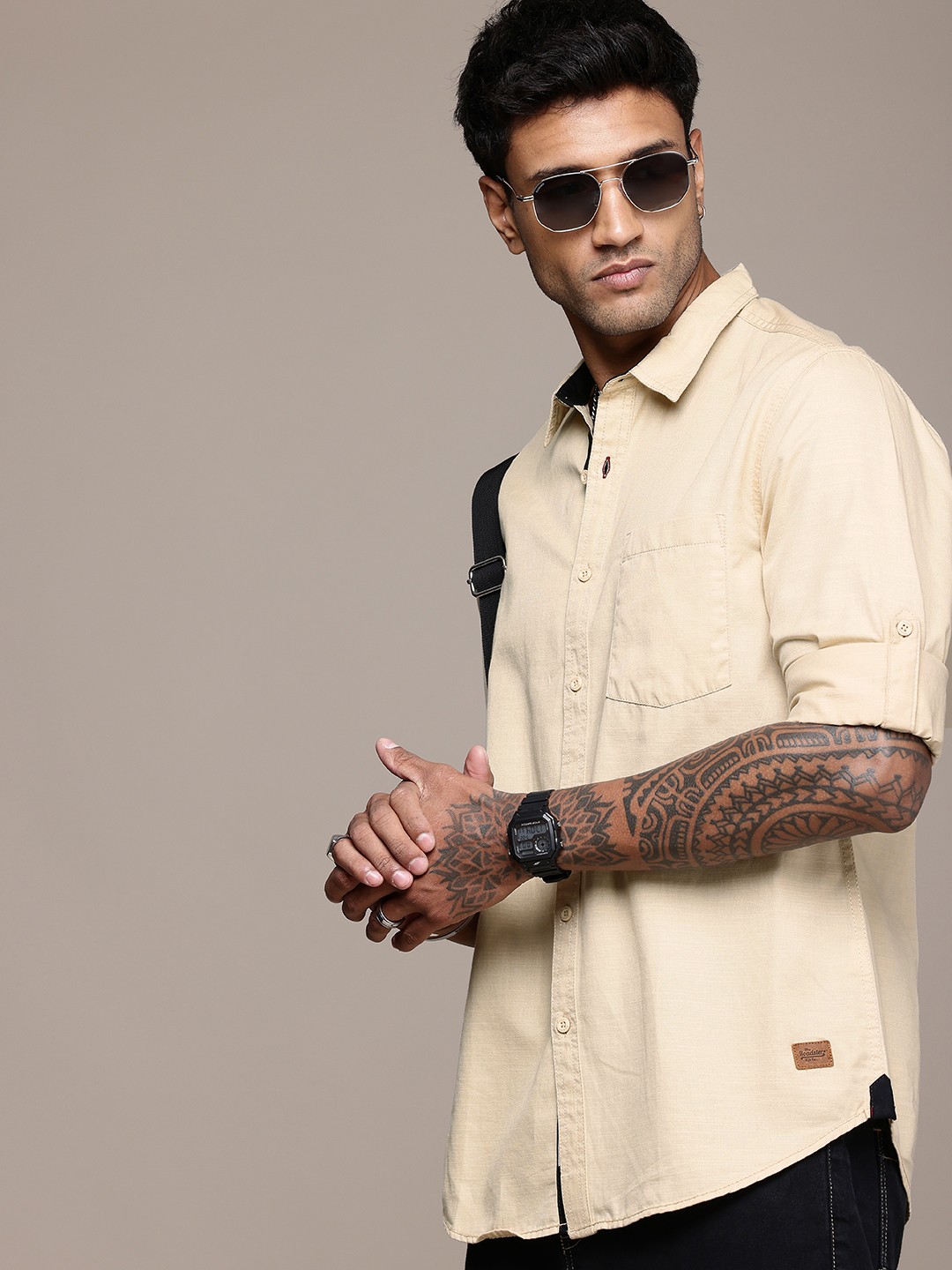 

The Roadster Life Co. Pure Cotton Roll-Up Sleeve Casual Shirt, Beige