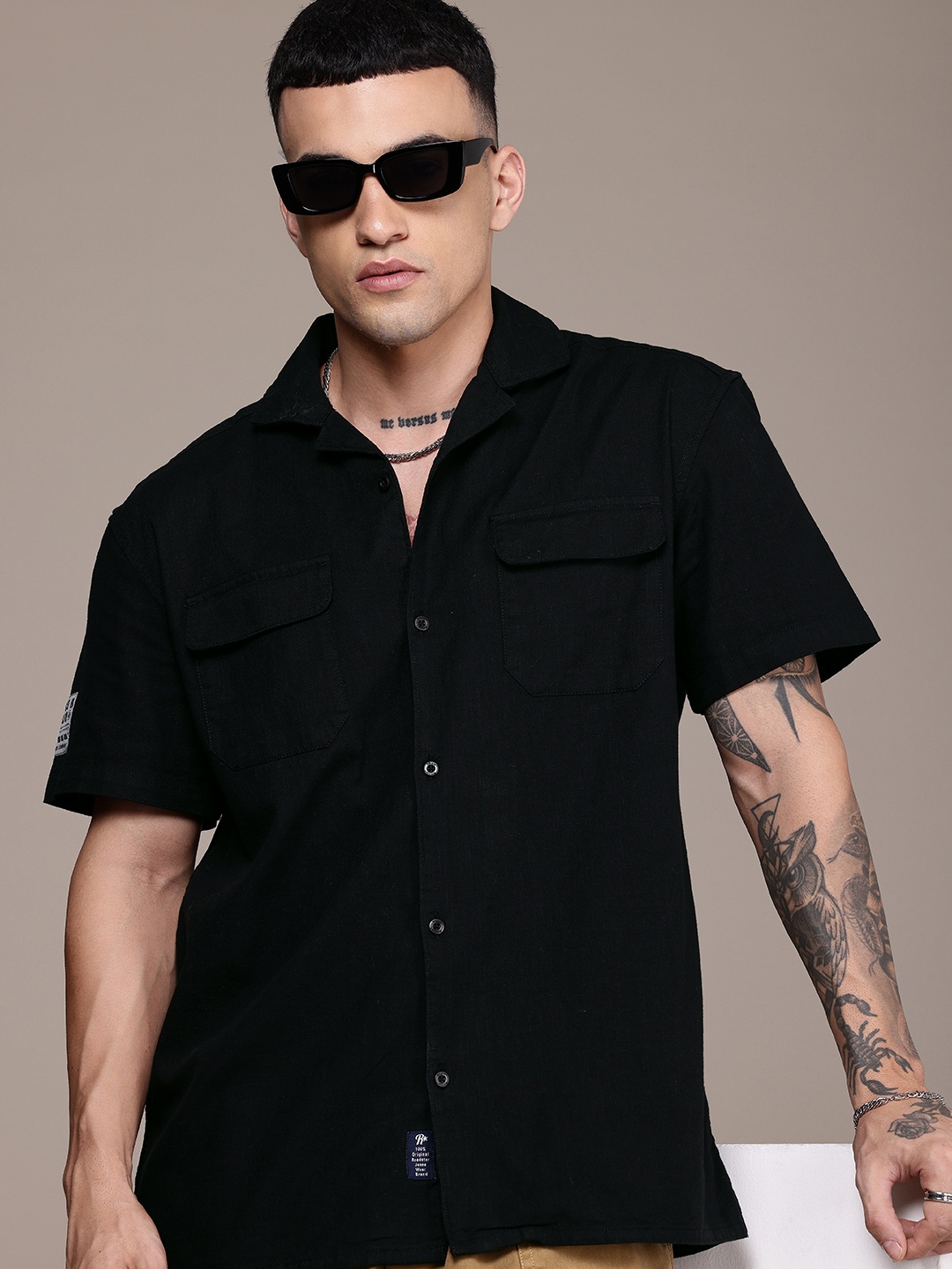 

The Roadster Life Co. Pure Cotton Cuban Collar Casual Shirt, Black