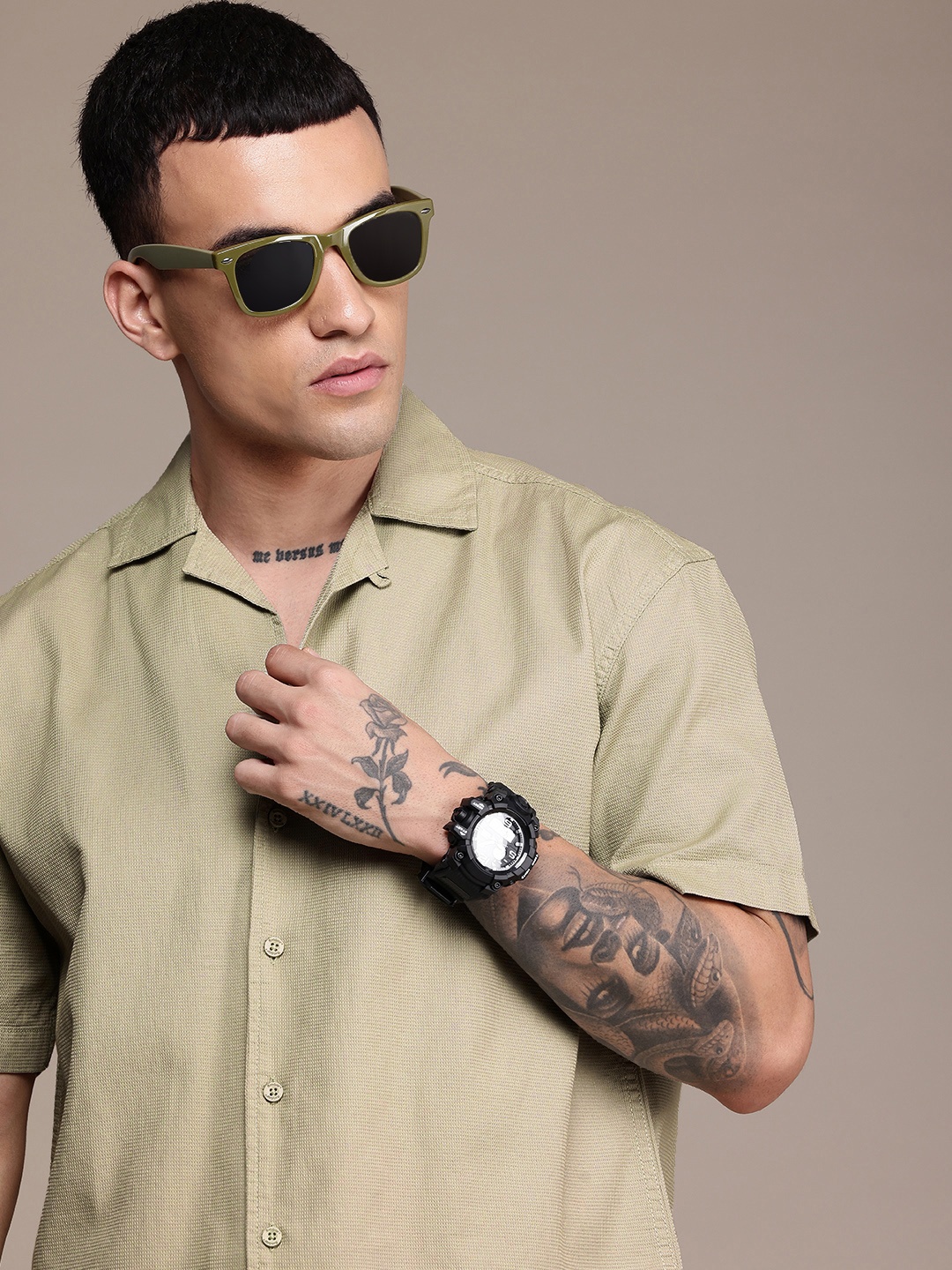 

The Roadster Life Co. Pure Cotton Self Design Relaxed Fit Casual Shirt, Beige