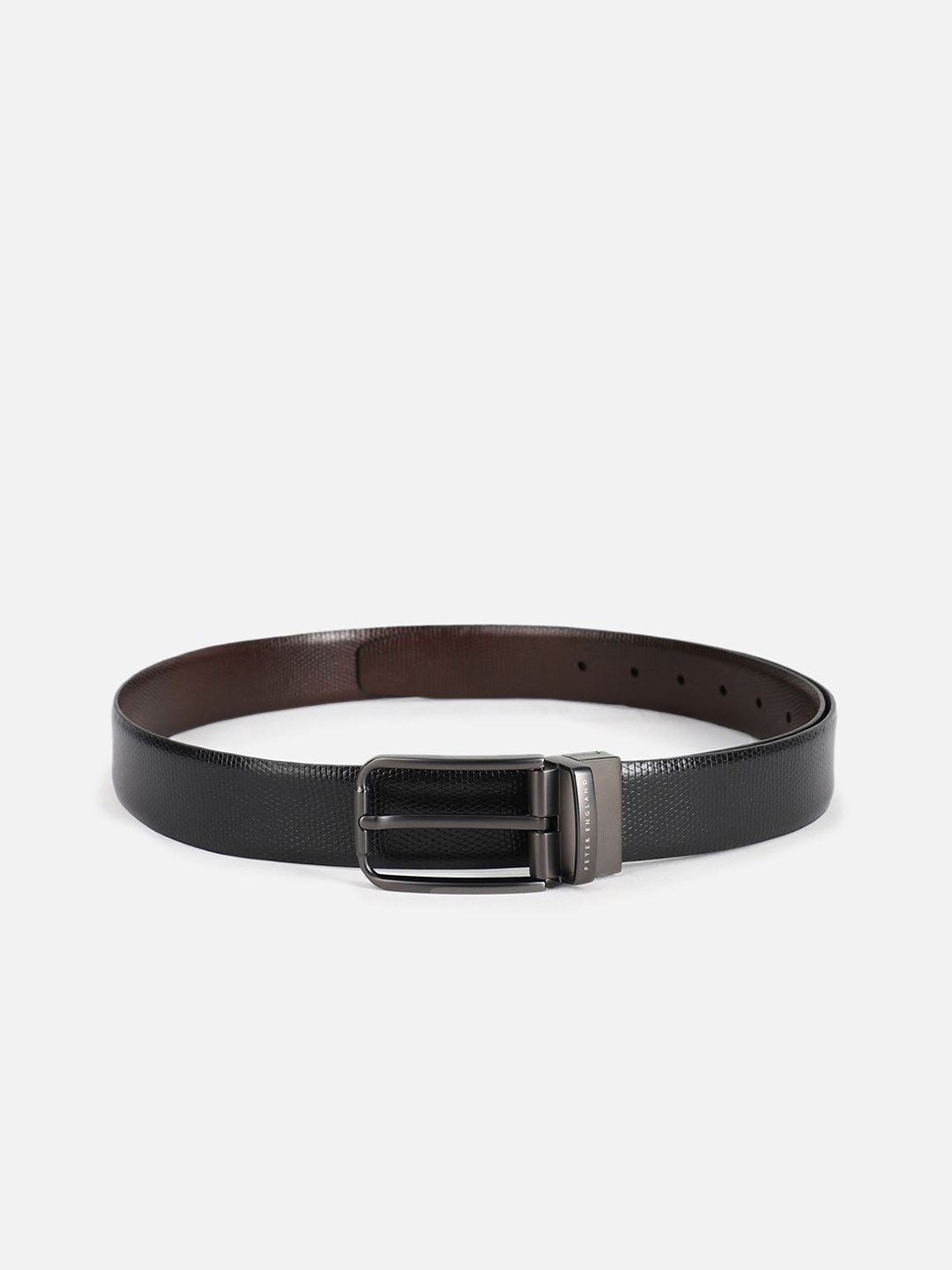 Peter England Men Textured Leather Formal Belt, Black