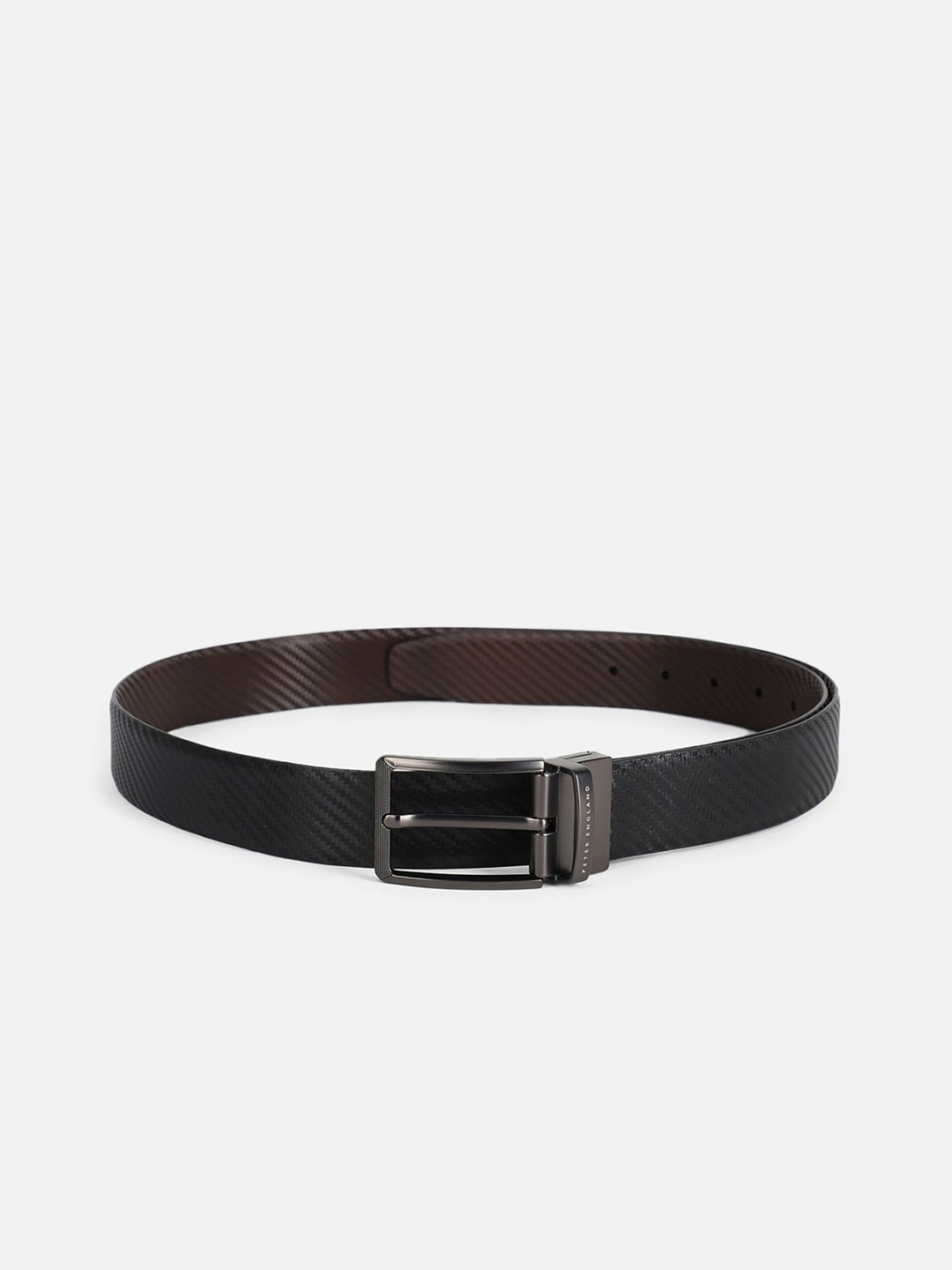 Peter England Men Textured Leather Formal Belt, Black