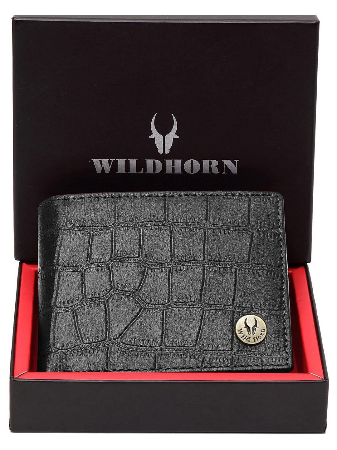 

WildHorn Men Textured Leather Two Fold Wallet, Black