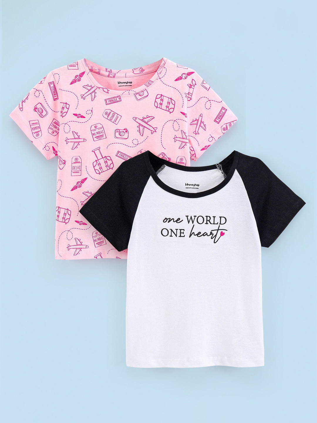 

Honeyhap Girls Pack Of 2 Round Neck Printed Bio Finish Cotton T-shirts, White