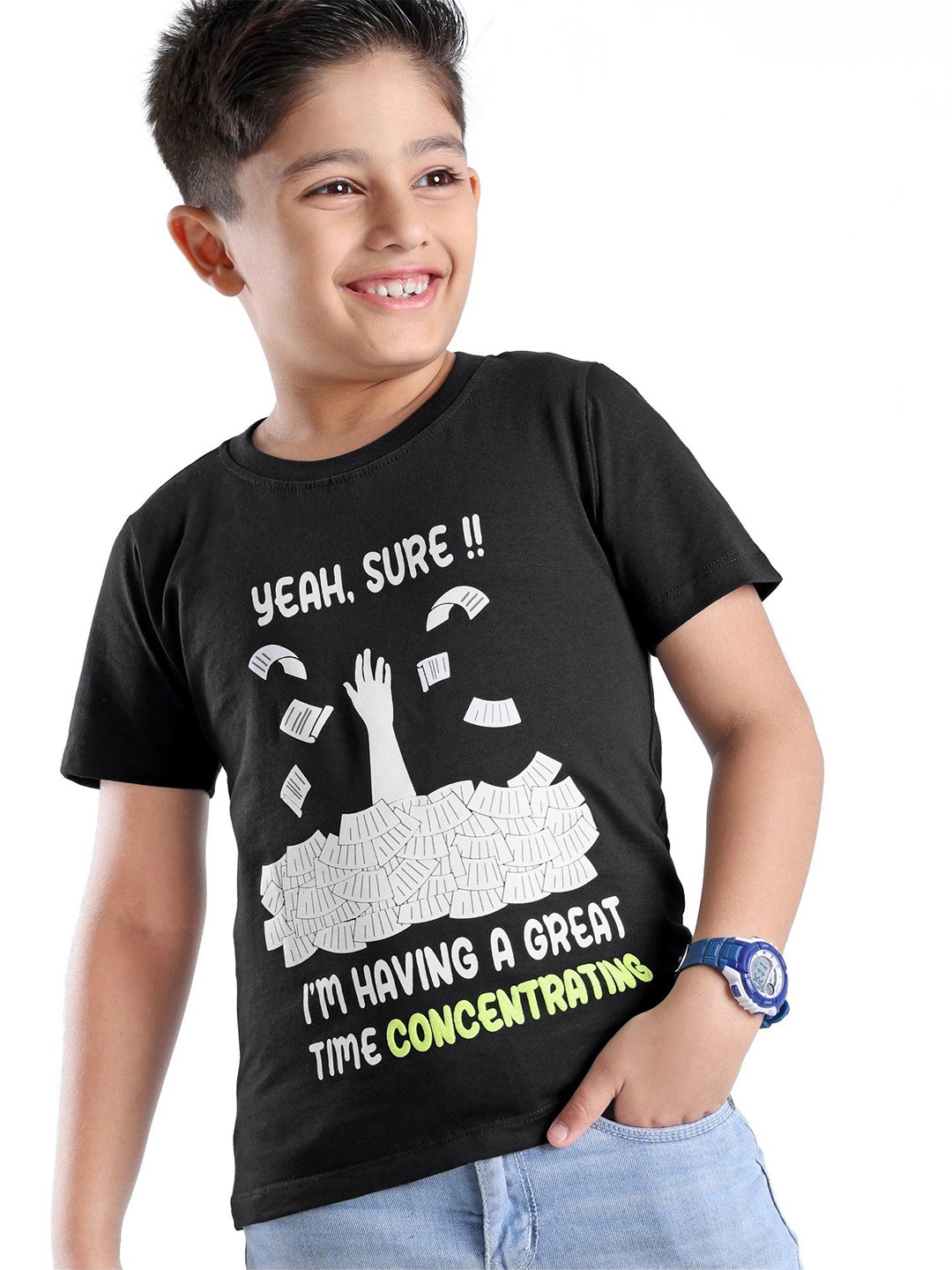 

Honeyhap Boys Typography Printed Bio Finish Round Neck Cotton T-shirt, Black