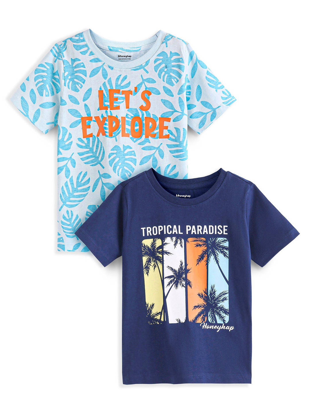 

Honeyhap Boys Pack Of 2 Round Neck Tropical Printed Bio Finish Cotton T-shirts, Navy blue