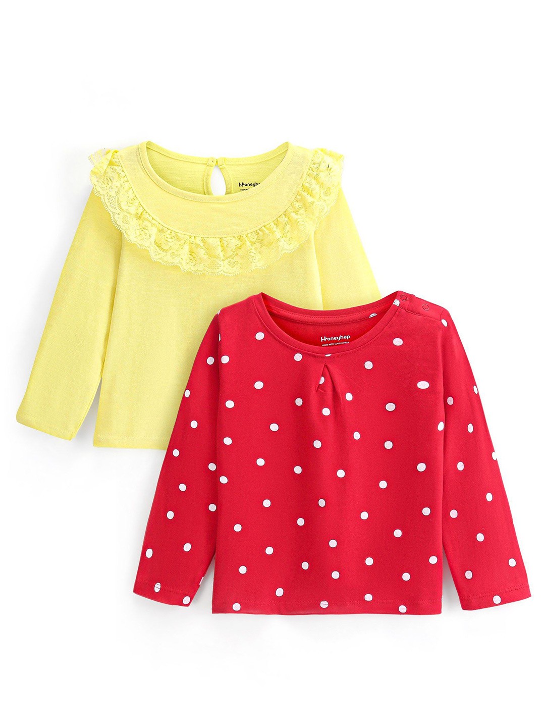

Honeyhap Girls Pack Of 2 Round Neck Polka Dots Printed Bio Finish Cotton T-shirts, Yellow