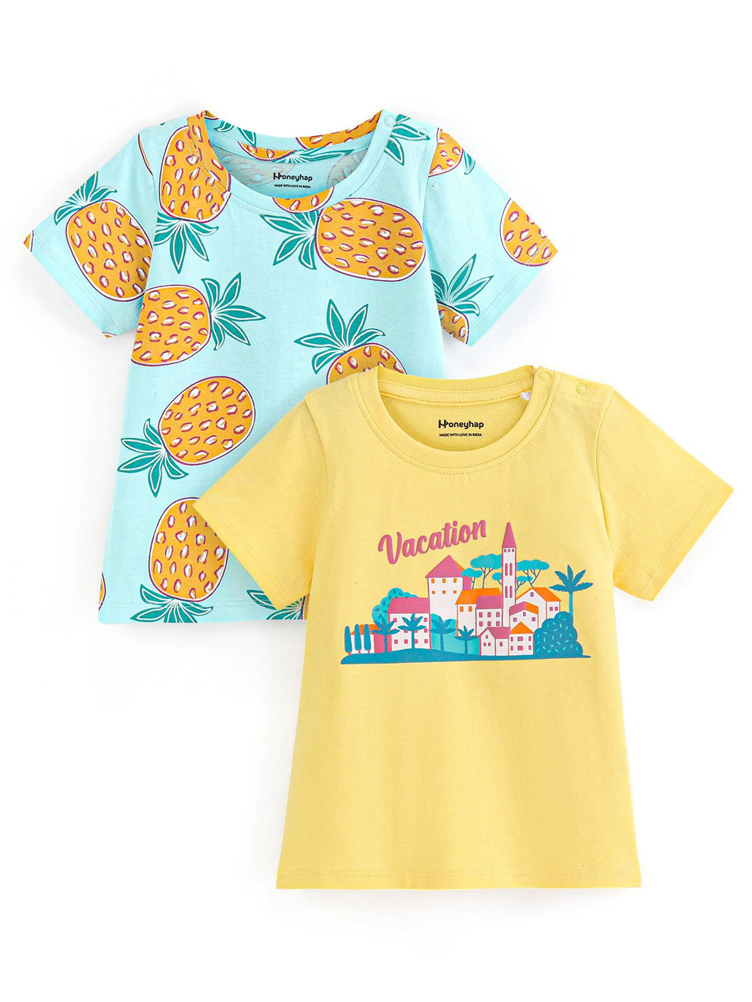

Honeyhap Girls Pack Of 2 Round Neck Printed Bio Finish T-shirts, Yellow