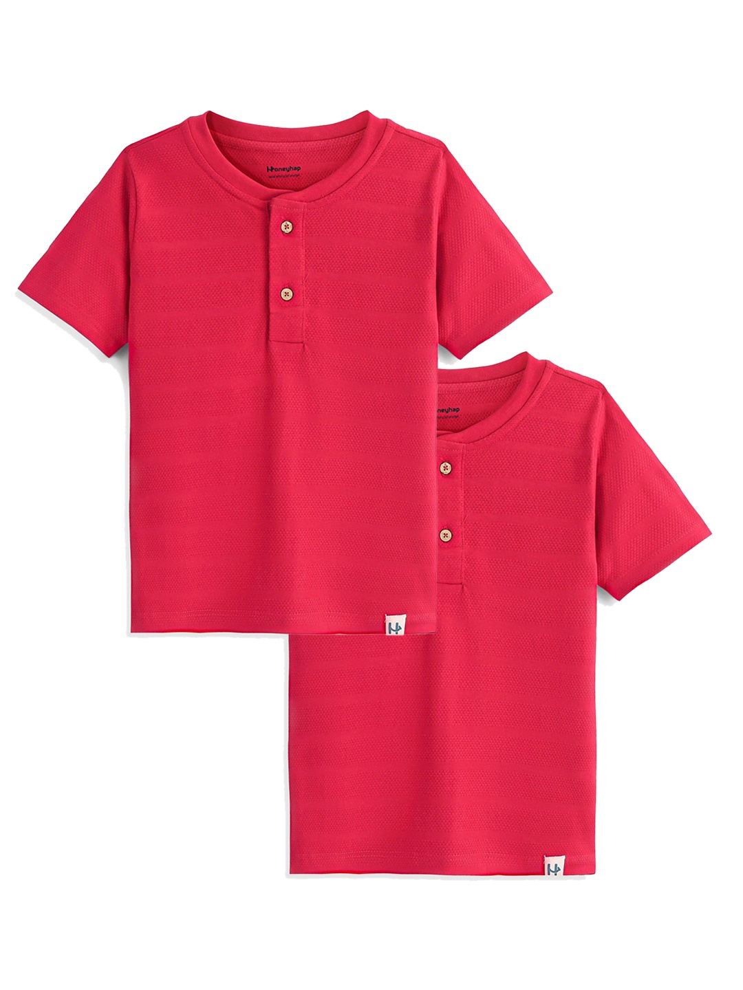 

Honeyhap Boys Pack Of 2 Henley Neck Self Design Bio Finish Cotton T-shirts, Maroon