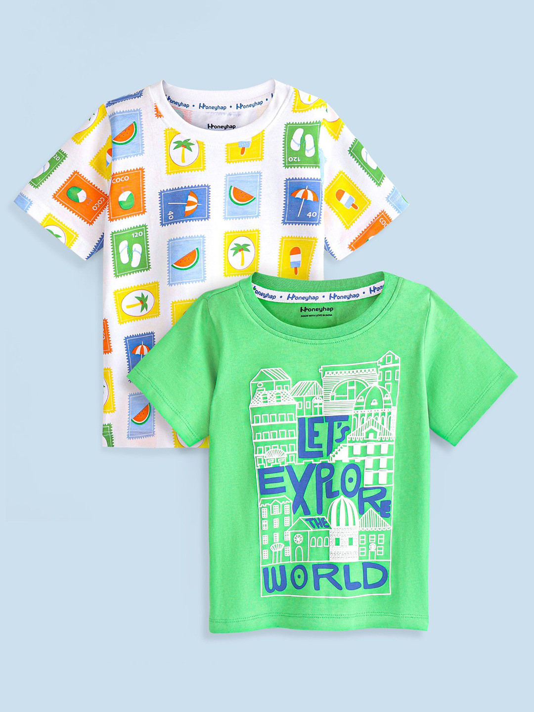 

Honeyhap Boys Pack Of 2 Round Neck Conversational Printed Bio Finish Cotton T-shirts, White