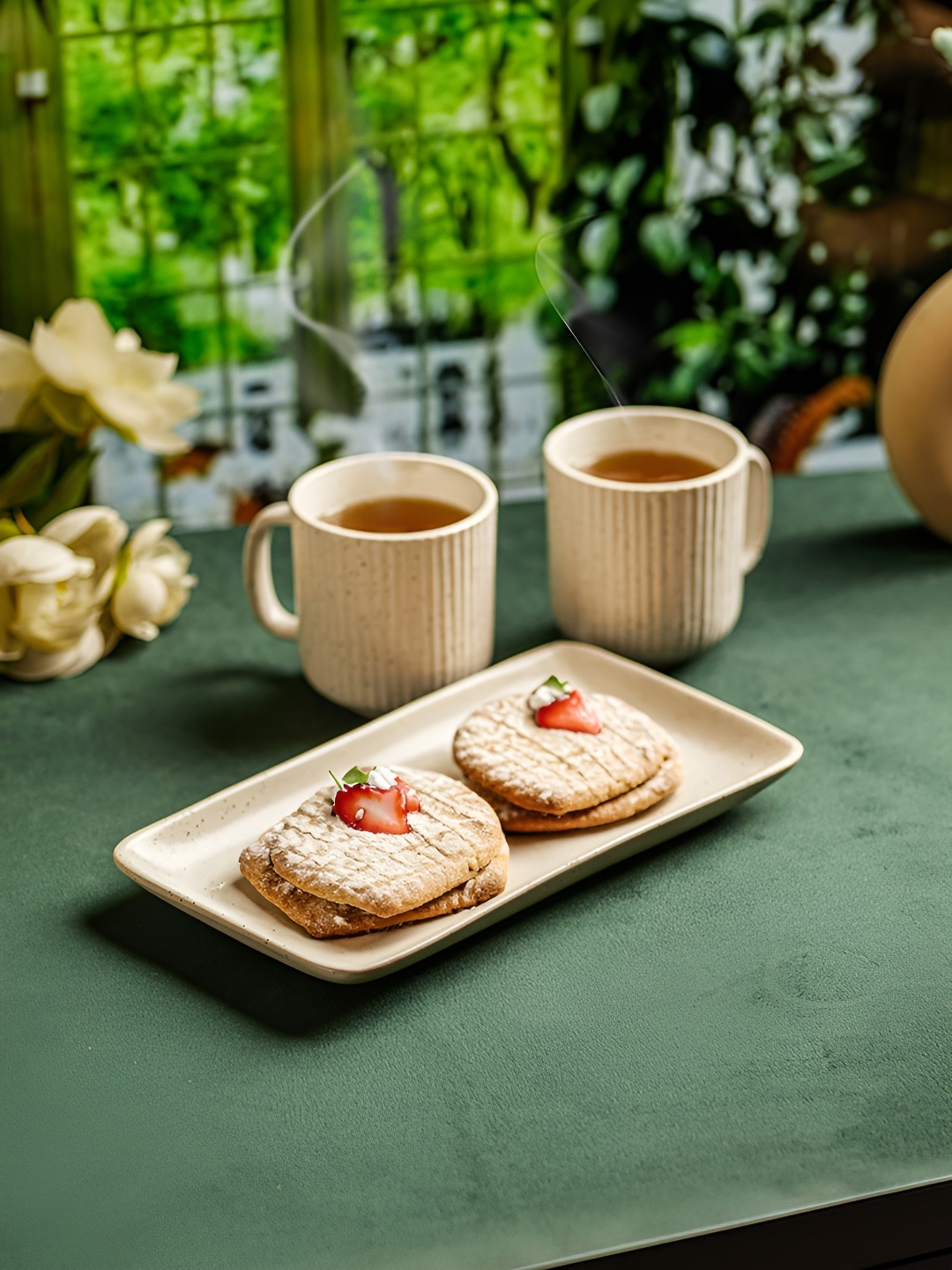 

Troveas White Solid Bone China Matte 2 Cermaic Mugs & 1 Tray Tea Set