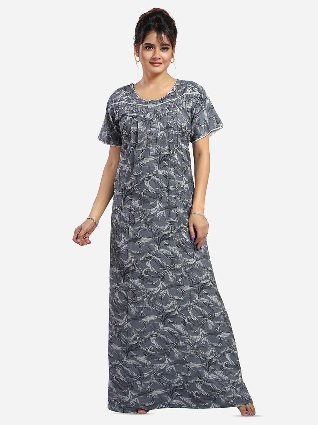 

NIGHT QUEEN Printed Maxi Nightdress, Grey