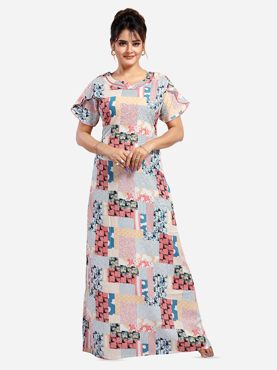 

NIGHT QUEEN Printed Maxi Nightdress, White