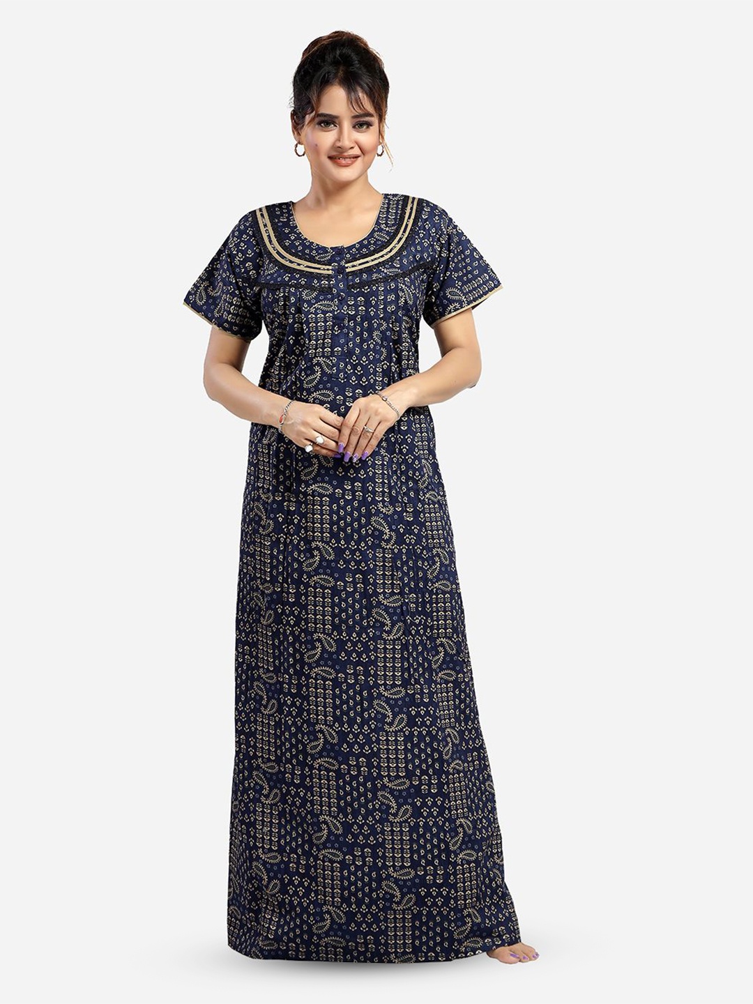 

NIGHT QUEEN Ethnic Motifs Printed Maxi Nightdress, Navy blue