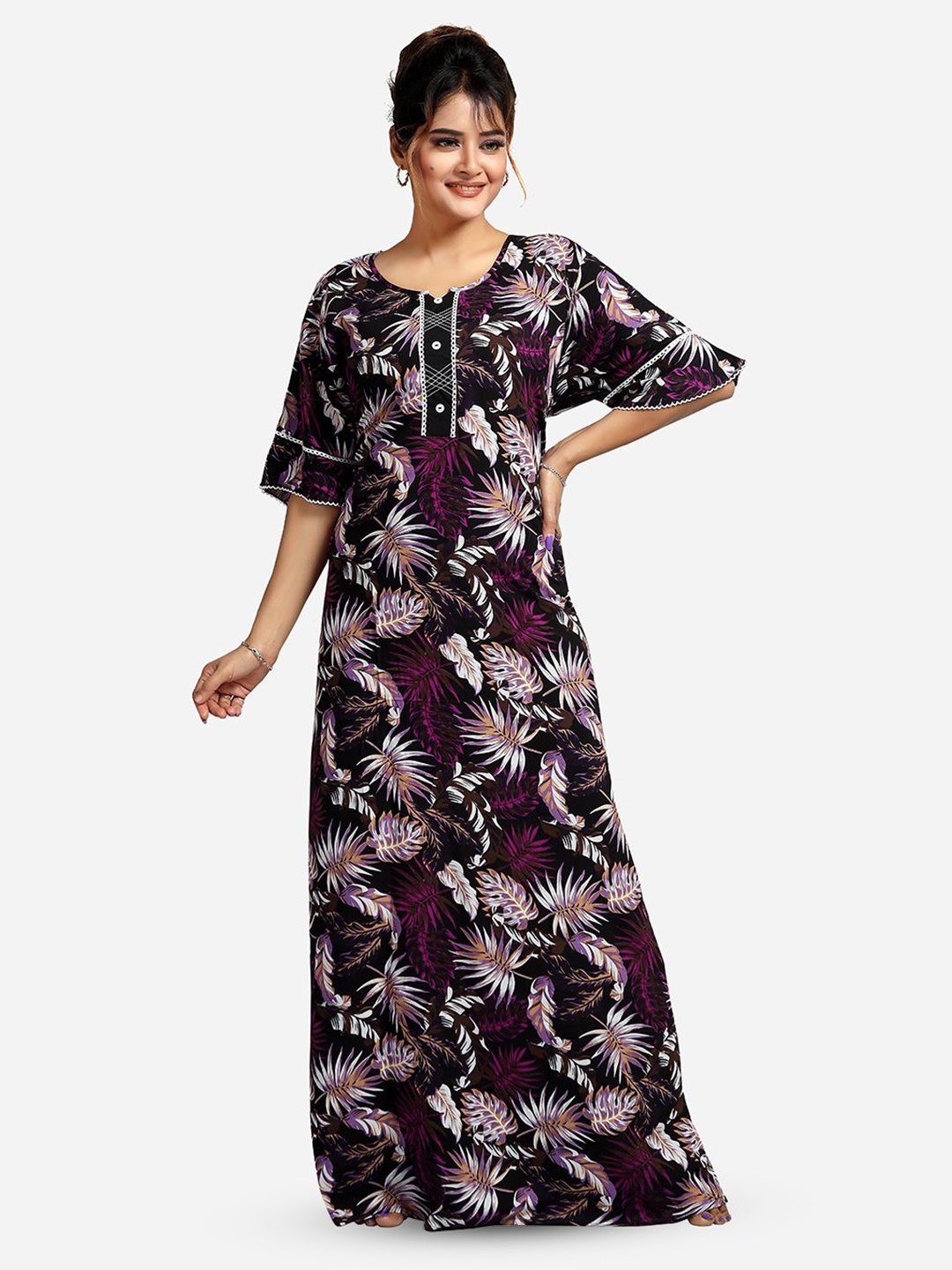 

NIGHT QUEEN Printed Maxi Nightdress, Black