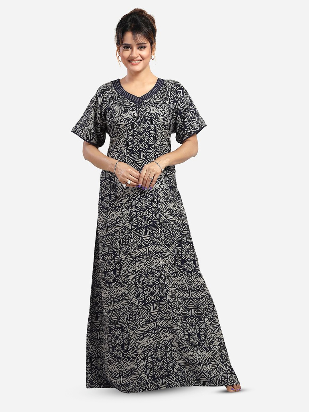 

NIGHT QUEEN Printed Maxi Nightdress, Navy blue