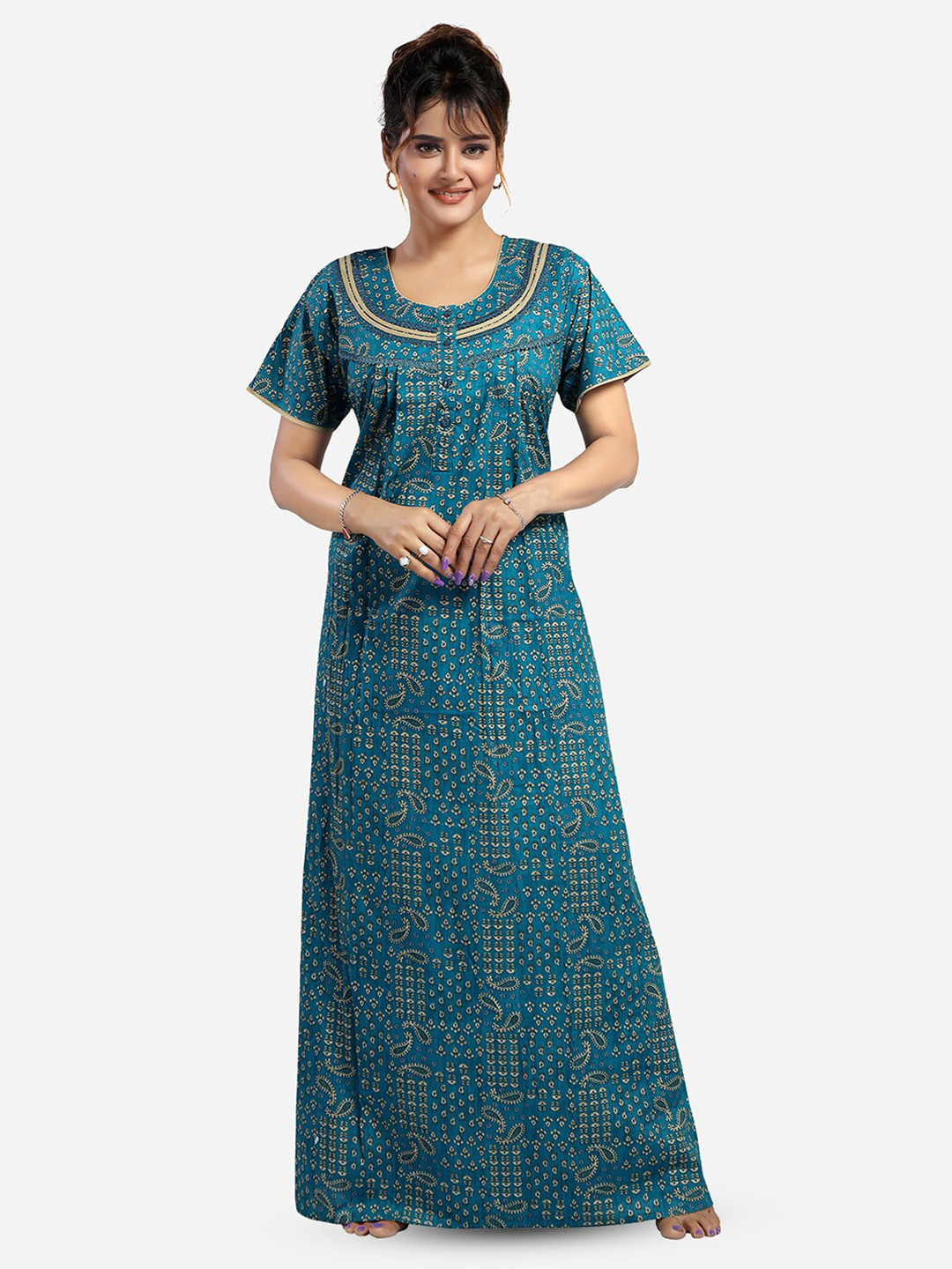 

NIGHT QUEEN Ethnic Motifs Printed Maxi Nightdress, Blue