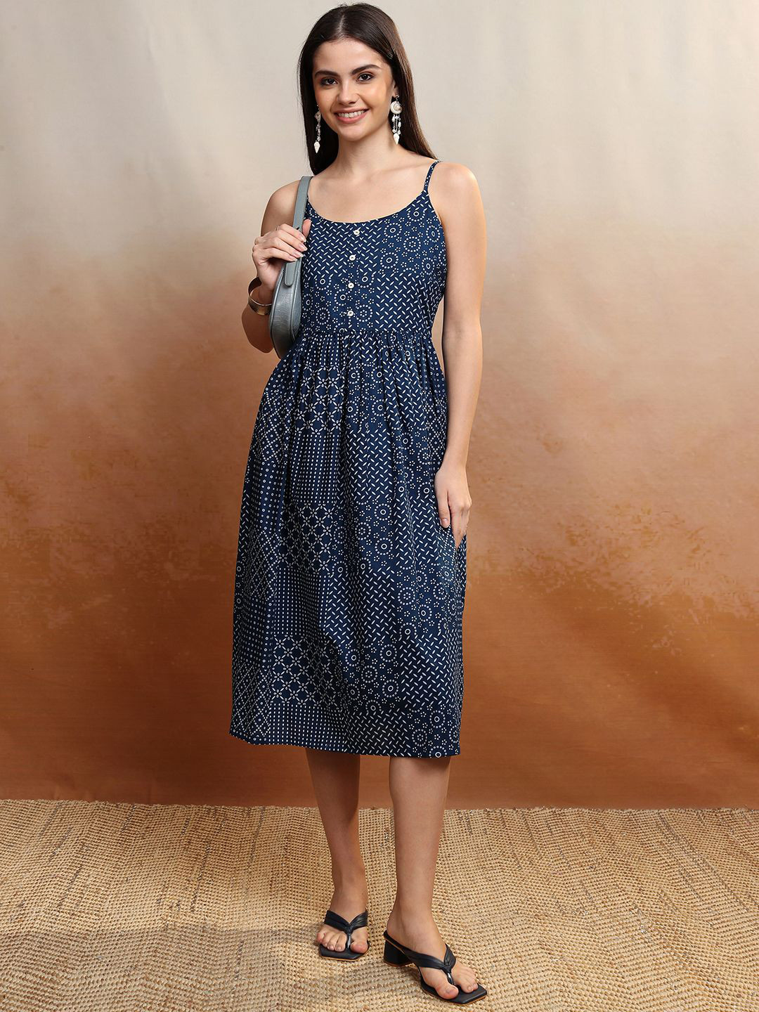 

Vishudh Print A-Line Midi Dress, Navy blue