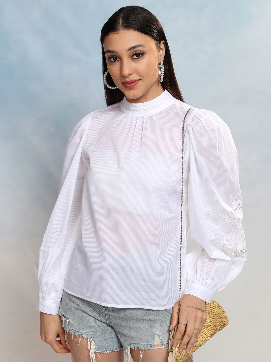 

Vishudh Embroidered Striped High Neck Cotton Top, White