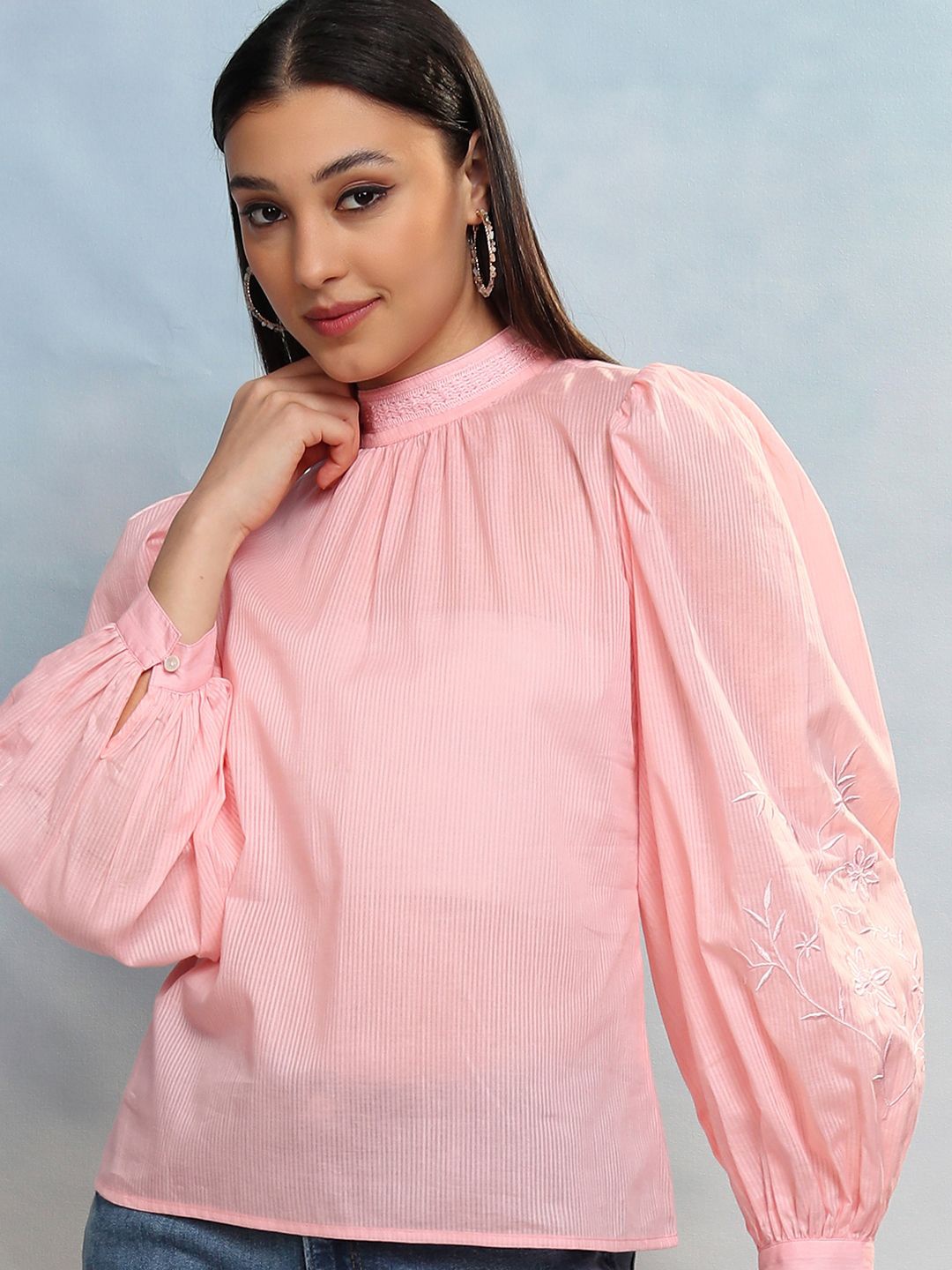 

Vishudh Embroidered Striped High Neck Cotton Top, Rose